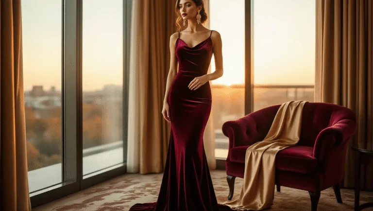 Fall Wedding Guest Dresses: Your Ultimate Style Guide for 2025 A model in a burgundy velvet full-length gown poses in an elegant hotel suite during golden hour, with warm sunlight illuminating rich textures and vintage gold statement earrings, while a champagne-colored silk wrap rests on a velvet armchair.