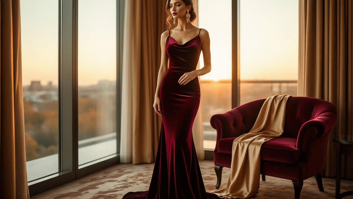 A model in a burgundy velvet full-length gown poses in an elegant hotel suite during golden hour, with warm sunlight illuminating rich textures and vintage gold statement earrings, while a champagne-colored silk wrap rests on a velvet armchair.