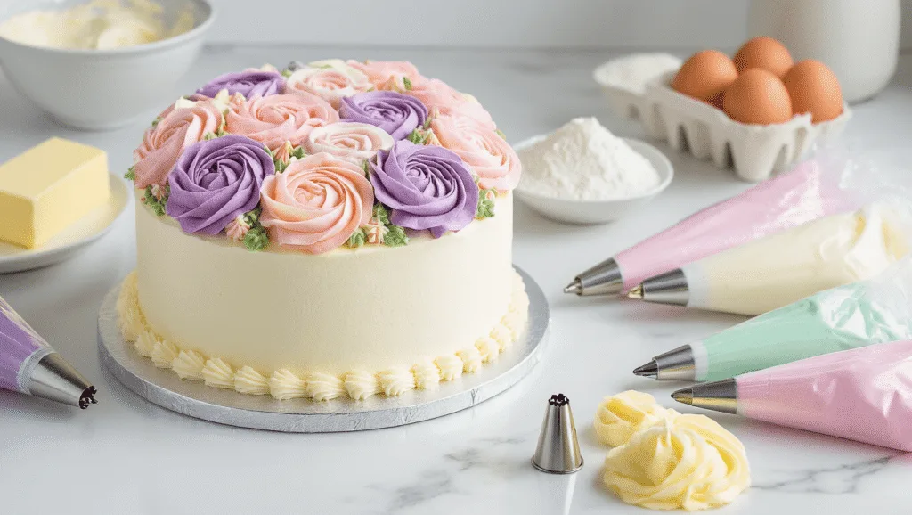 FLOWER BIRTHDAY CAKE: ELEGANT BUTTERCREAM BLOOM MASTERPIECE A beautifully staged buttercream flower cake preparation scene on a marble countertop, featuring a partially decorated 9-inch white cake with intricate pastel buttercream flowers, surrounded by piping bags and baking ingredients, illuminated by natural light.
