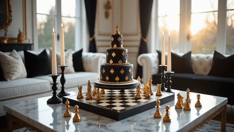 Chess Birthday Party: A Strategic Celebration of Fun and Elegance A luxurious living room set up for a chess-themed birthday party, featuring an elaborate chessboard runner, gold-dipped chess pieces, a two-tiered cake, plush velvet cushions, and a dramatic black and gold balloon arch, all captured during golden hour.