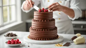 Decadent Chocolate Birthday Cake: The Ultimate Decoration Guide A skilled pastry chef decorates a luxurious three-layer chocolate birthday cake with rich chocolate buttercream on a white marble countertop, surrounded by fresh raspberries, dark chocolate shavings, and golden edible decorations, captured in soft natural lighting with a shallow depth of field.