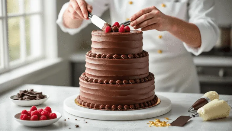 Decadent Chocolate Birthday Cake: The Ultimate Decoration Guide A skilled pastry chef decorates a luxurious three-layer chocolate birthday cake with rich chocolate buttercream on a white marble countertop, surrounded by fresh raspberries, dark chocolate shavings, and golden edible decorations, captured in soft natural lighting with a shallow depth of field.