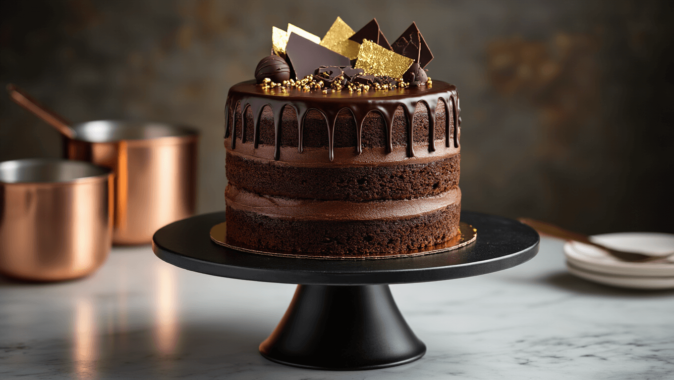 Photorealistic image of a luxurious three-layer chocolate mud cake on a matte black rotating stand, featuring glossy ganache, geometric gold accents, and a small sports-themed topper, set against a blurred baking backdrop with dramatic lighting.