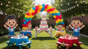 Ultimate Cocomelon Birthday Party Guide: Create a Magical Celebration for Your Little One A vibrant backyard birthday party decorated with a grand primary color balloon arch, featuring a three-tiered Cocomelon cake, character-themed picnic tables, and life-sized cutouts of JJ and friends, all under warm string lights for a whimsical atmosphere.