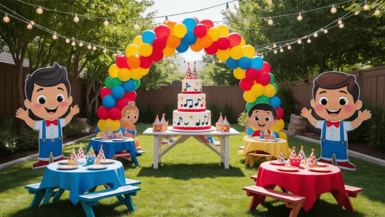 Ultimate Cocomelon Birthday Party Guide: Create a Magical Celebration for Your Little One A vibrant backyard birthday party decorated with a grand primary color balloon arch, featuring a three-tiered Cocomelon cake, character-themed picnic tables, and life-sized cutouts of JJ and friends, all under warm string lights for a whimsical atmosphere.