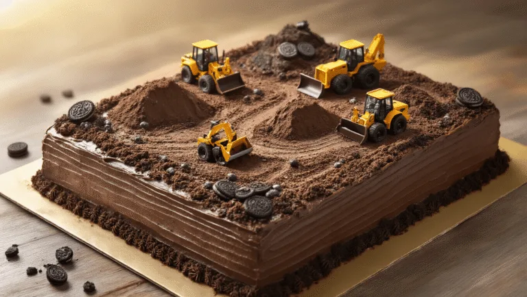 CONSTRUCTION BIRTHDAY CAKE: THE ULTIMATE DIY EDIBLE CONSTRUCTION SITE Aerial view of a photorealistic chocolate cake designed as a construction site, featuring Oreo crumbs as dirt, miniature construction vehicles, and carved frosting layers on a marble countertop.