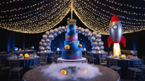 Blast Off to an Epic Outer Space Birthday Party: The Ultimate Guide for Cosmic Celebrations A cinematic wide-angle shot of a cosmic birthday party in a dimly lit ballroom, featuring a galaxy-themed cake on an acrylic stand, surrounded by dry ice mist, warm LED fairy lights creating a starry ceiling, and metallic balloon arch. Round tables with solar system centerpieces, an astronaut photo booth, and glow-in-the-dark elements are visible, all captured with dramatic lighting.