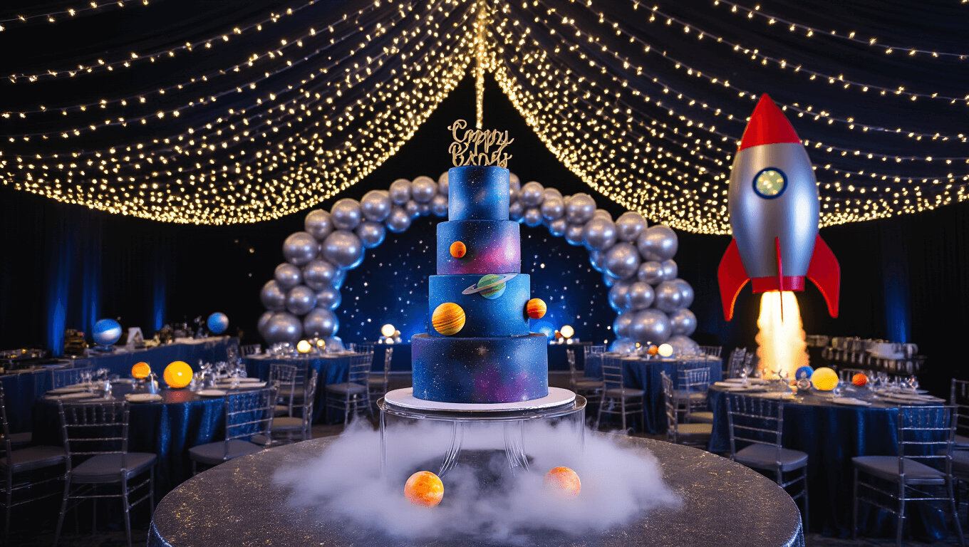A cinematic wide-angle shot of a cosmic birthday party in a dimly lit ballroom, featuring a galaxy-themed cake on an acrylic stand, surrounded by dry ice mist, warm LED fairy lights creating a starry ceiling, and metallic balloon arch. Round tables with solar system centerpieces, an astronaut photo booth, and glow-in-the-dark elements are visible, all captured with dramatic lighting.