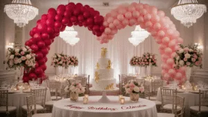 Cupid Birthday Party: A Dreamy Celebration of Love and Whimsy A dreamy indoor ballroom decorated for a Cupid-themed birthday party, featuring a heart-shaped balloon arch, a tiered cake with gold details, and elegant floral centerpieces, all bathed in warm, ethereal lighting.