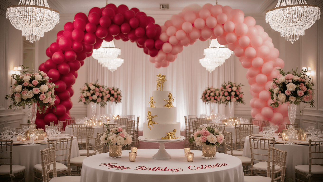 A dreamy indoor ballroom decorated for a Cupid-themed birthday party, featuring a heart-shaped balloon arch, a tiered cake with gold details, and elegant floral centerpieces, all bathed in warm, ethereal lighting.