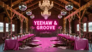 Disco Cowgirl Birthday Party: The Ultimate Guide to a Sparkly Western Celebration Cinematic wide shot of a rustic barn interior transformed into a disco cowgirl paradise, featuring rich wooden beams, twinkling fairy lights, pink sequin tablecloths, metallic disco balls, and an illuminated "YEEHAW & GROOVE" neon sign, all captured with warm lighting and detailed textures.