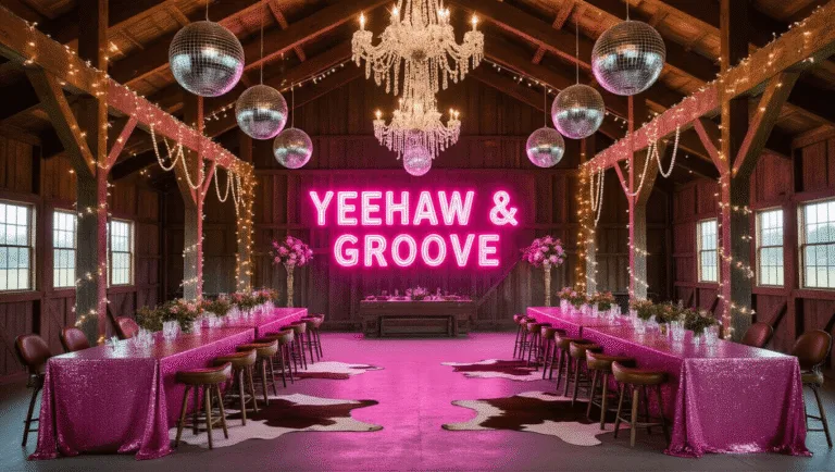 Disco Cowgirl Birthday Party: The Ultimate Guide to a Sparkly Western Celebration Cinematic wide shot of a rustic barn interior transformed into a disco cowgirl paradise, featuring rich wooden beams, twinkling fairy lights, pink sequin tablecloths, metallic disco balls, and an illuminated "YEEHAW & GROOVE" neon sign, all captured with warm lighting and detailed textures.