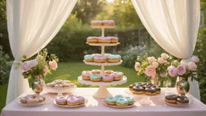 Donut Birthday Party: The Ultimate Guide to a Sweet Celebration A sunlit backyard garden party featuring a grand farmhouse table with a pastel-themed donut display, surrounded by roses and peonies, under a canopy of balloons, with a DIY donut decorating station in the foreground.
