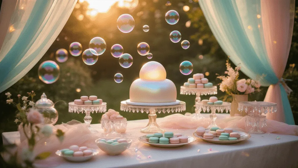 Bubble Birthday Party: The Ultimate Guide to Creating a Magical Celebration A whimsical garden party at golden hour, featuring iridescent bubbles, an elegant dessert table with a bubble-shaped cake, children playing with giant bubble wands, and soft tulle drapery amidst a dreamy, ethereal atmosphere.