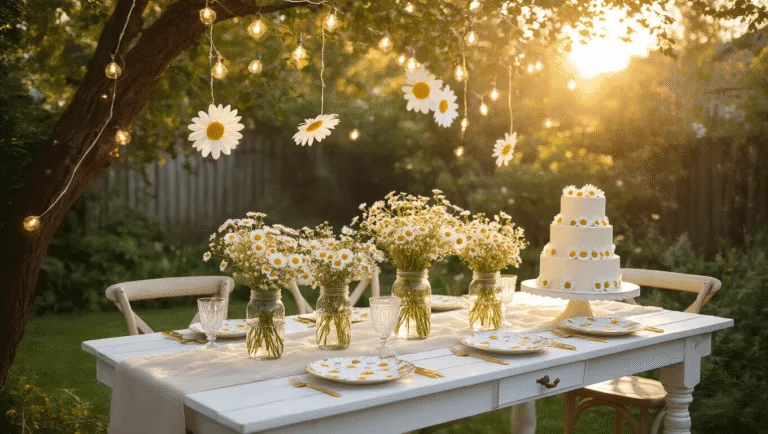 Daisy Birthday Party: The Ultimate Guide to a Blooming Celebration A whimsical backyard garden party at golden hour featuring a white farmhouse table with mason jars of daisies, fairy lights overhead, oversized paper daisies, vintage china, and a three-tiered cake, all set on lush green grass with soft pastel cushions.