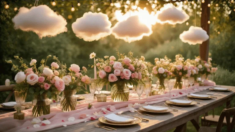 Blooming Celebrations: The Ultimate Flower-Themed Birthday Party Guide for Every Age A dreamy garden party setup featuring a rustic wooden table adorned with a blush pink silk runner, vintage glass vases filled with pastel flowers, and twinkling string lights overhead, captured during golden hour with a soft bokeh effect.