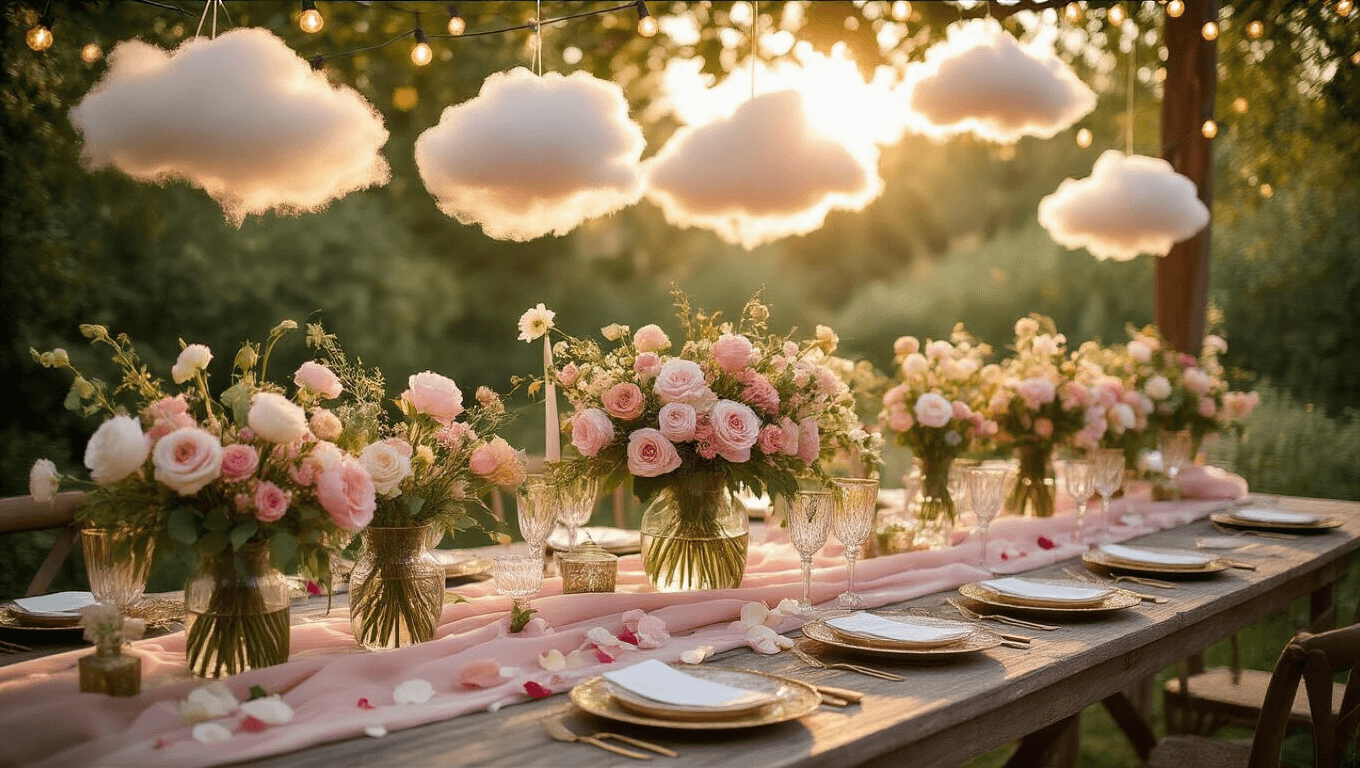 A dreamy garden party setup featuring a rustic wooden table adorned with a blush pink silk runner, vintage glass vases filled with pastel flowers, and twinkling string lights overhead, captured during golden hour with a soft bokeh effect.