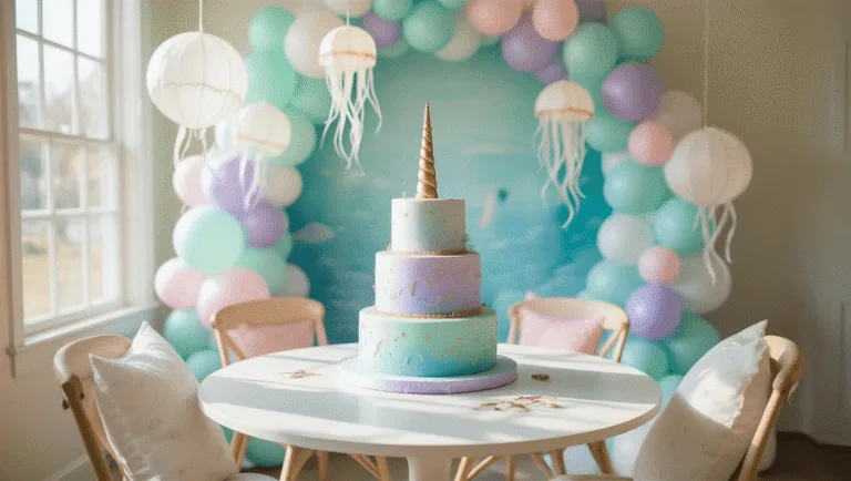 Magical Narwhal Birthday Party: A Whimsical Under-the-Sea Celebration Guide A whimsical living room transformed into an underwater narwhal paradise, featuring a 3-tier narwhal cake with iridescent details, a soft balloon garland, handcrafted jellyfish lanterns, and a hand-painted mural, all illuminated by dreamy morning light and sparkling crystal prisms.