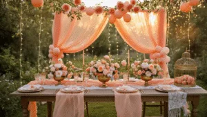 Sweet as a Peach: Creating the Perfect Peach Birthday Party A whimsical outdoor garden party setup at golden hour, featuring a long farmhouse table with a peach silk runner, gold-rimmed place settings, floral centerpieces, and warm fairy lights overhead, all enveloped in a dreamy bokeh effect.