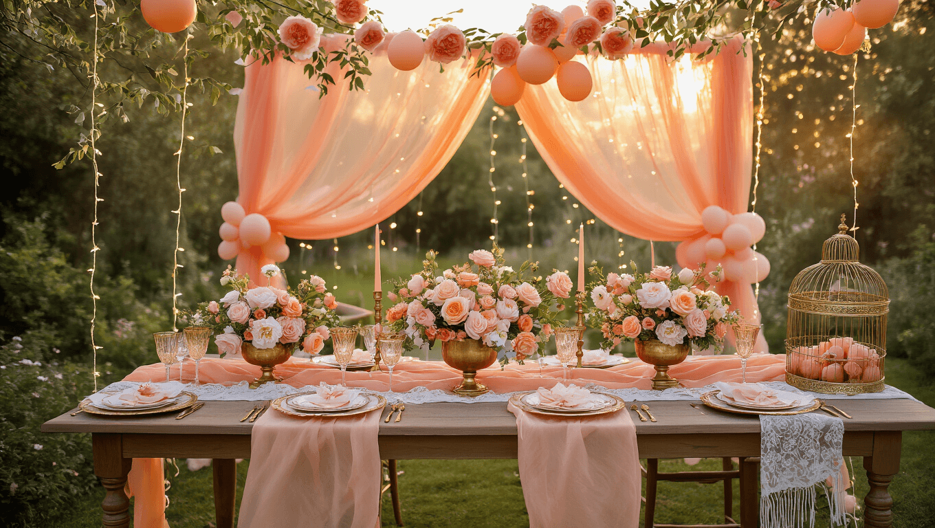 A whimsical outdoor garden party setup at golden hour, featuring a long farmhouse table with a peach silk runner, gold-rimmed place settings, floral centerpieces, and warm fairy lights overhead, all enveloped in a dreamy bokeh effect.