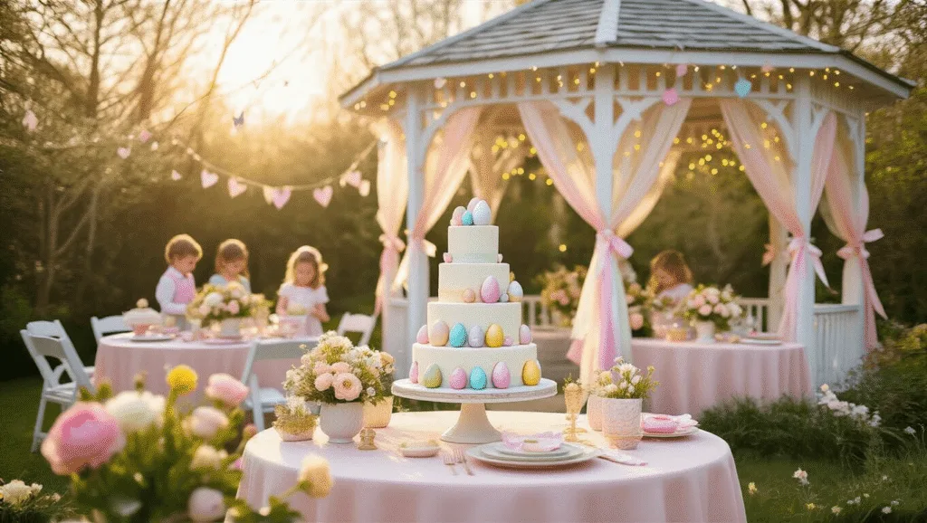 Easter Birthday Bash: The Ultimate Guide to a Pastel-Perfect Celebration A sun-drenched garden party featuring a white gazebo adorned with pastel ribbons and fairy lights, tables with spring flower centerpieces, a 3-tier birthday cake with watercolor Easter eggs, and children in pastel outfits hunting for eggs, all captured in a soft-focus, magical atmosphere.