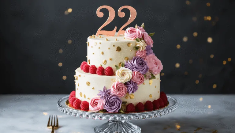 22nd Birthday Cake: A Delicious Milestone Celebration Photorealistic two-tiered birthday cake with pearl-white frosting, gold accents, fresh raspberries, and pink and lavender flowers, displayed on a crystal stand against a dark backdrop. A rose gold "22" topper sits atop the cake.