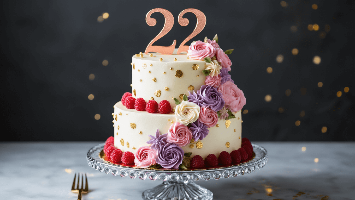 Photorealistic two-tiered birthday cake with pearl-white frosting, gold accents, fresh raspberries, and pink and lavender flowers, displayed on a crystal stand against a dark backdrop. A rose gold "22" topper sits atop the cake.