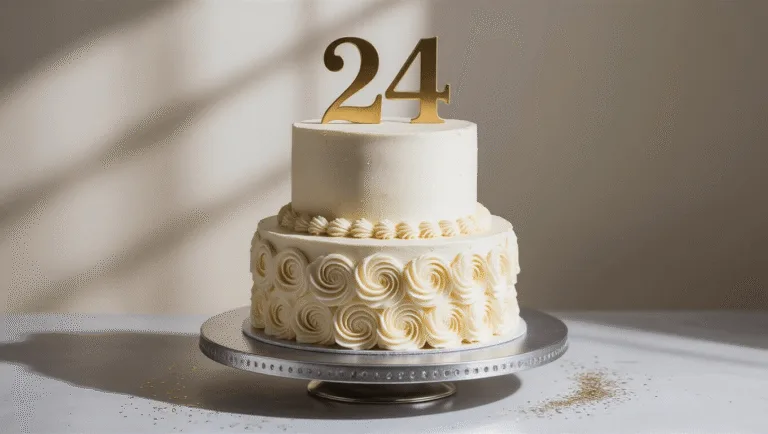 24th Birthday Cake: The Ultimate Celebration Masterpiece Photorealistic two-tiered birthday cake with white buttercream frosting and gold accents on a metallic silver stand, softly illuminated with a cinematic light, decorated with delicate rosettes, a gold "24" topper, and edible glitter, shot from a 15-degree elevated angle.
