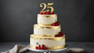 25th Birthday Cake: A Milestone Celebration Masterpiece Elegant three-tiered birthday cake with pearl-white buttercream frosting and gold leaf accents on a silver pedestal, featuring fresh red berries and a gold "25" topper, against a dark charcoal backdrop.