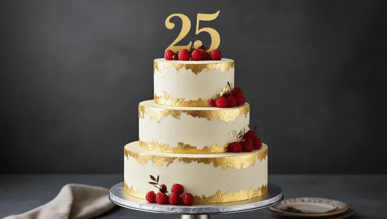25th Birthday Cake: A Milestone Celebration Masterpiece Elegant three-tiered birthday cake with pearl-white buttercream frosting and gold leaf accents on a silver pedestal, featuring fresh red berries and a gold "25" topper, against a dark charcoal backdrop.