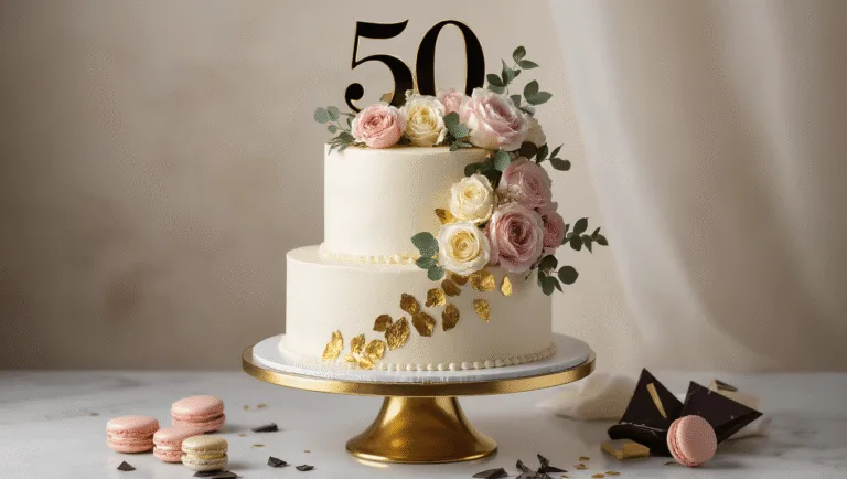 50th Birthday Cake for Women: A Luxurious Celebration Masterpiece Photorealistic image of a luxurious two-tier 50th birthday cake on a gold stand, featuring white buttercream frosting with gold leaf accents, fresh pastel roses, a black and gold "50" topper, and artistic clusters of macarons, highlighted by dramatic side lighting and a soft-focus background.