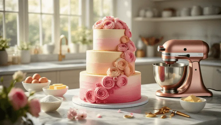 Ultimate Women's Birthday Cake Guide: From Classic to Spectacular A luxurious three-tiered birthday cake with ombré pink-to-gold buttercream and piped roses is being decorated in a sunlit modern kitchen, featuring a marble countertop with baking ingredients, a rose gold KitchenAid mixer, and fresh flowers, all captured in a photorealistic style with soft focus and warm lighting.