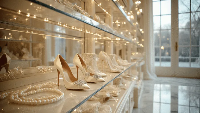 Winter Wedding Shoes: Your Complete Guide to Staying Stylish & Warm A luxurious bridal boutique showcasing ivory velvet pumps and crystal-embellished boots on illuminated glass shelves, set against marble flooring and warm ambient lighting, with pearl accessories and lace details, captured in a dreamy, romantic style.
