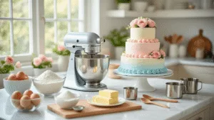 Ultimate Birthday Cake: A Foolproof Guide to Creating the Perfect Celebration Centerpiece A bright modern kitchen scene with a marble countertop displaying organized baking ingredients, including glass bowls of flour, sugar, eggs, and butter, alongside a stand mixer. In the background, a decorated three-tier birthday cake with pastel rosettes and flowers is elegantly presented. The image features a soft bokeh effect and dramatic lighting, capturing a photorealistic culinary atmosphere.
