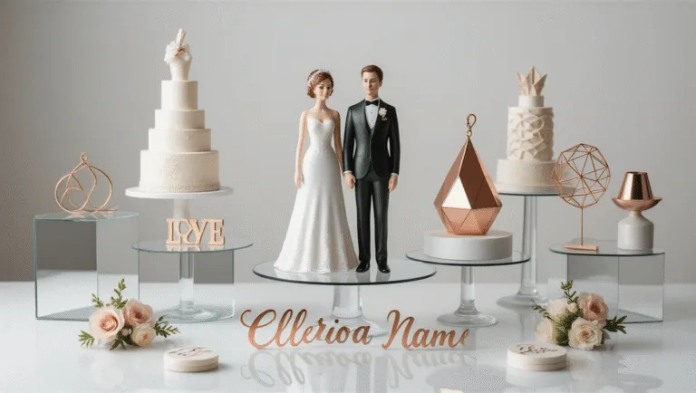 WEDDING CAKE TOPPERS: THE ULTIMATE GUIDE TO CROWNING YOUR CELEBRATION An elegant display of diverse wedding cake toppers on mirrored glass pedestals, featuring a classic bride and groom figurine, modern geometric designs, wooden monograms, and intricate metal wire sculptures, all captured in high-key lighting with a soft gradient background.