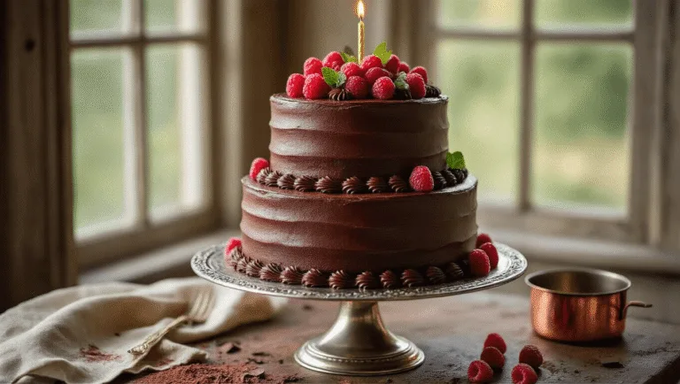 Ultimate Chocolate Birthday Cake: Your Perfect Celebration Centerpiece A luxurious two-tiered chocolate cake with dark ganache frosting, adorned with chocolate shavings, red raspberries, and mint leaves, displayed on a vintage silver stand with dramatic side lighting and a rustic wooden table background.