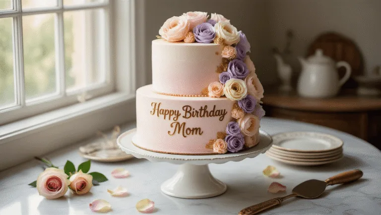 Happy Birthday Mom Cake: A Delightful Celebration Centerpiece A stunning two-tier birthday cake on an antique white ceramic stand, featuring pastel pink buttercream frosting, piped flowers in lavender and blush, gold lettering saying "Happy Birthday Mom," surrounded by vintage baking tools, rose petals, and fresh garden roses on a marble countertop, with soft natural lighting and a blurred background.