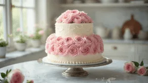 BIRTHDAY CAKE FOR WOMEN: EASY, ELEGANT & DELICIOUS Elegant two-tier birthday cake with white buttercream frosting, pink rosettes, and fresh garden roses on a vintage silver stand, softly lit in a modern kitchen.