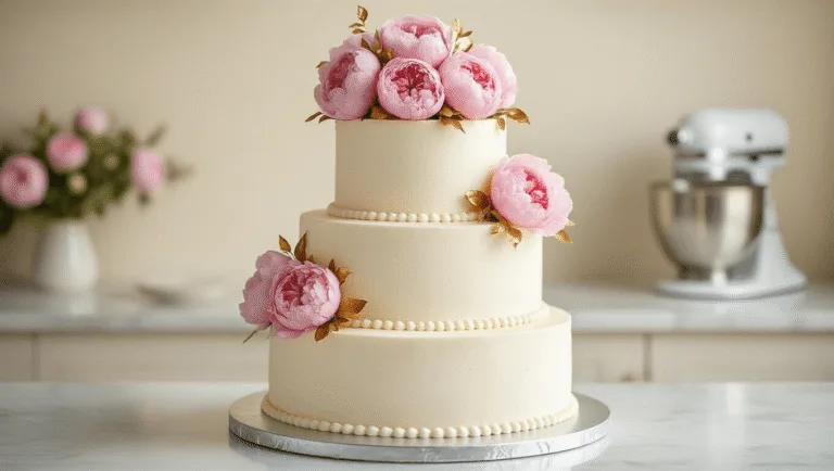 Simple Wedding Cake: A DIY Baker's Ultimate Guide Photorealistic three-tiered wedding cake with cream cheese frosting, adorned with pink peonies and gold leaf accents, on a silver stand against a soft cream background.