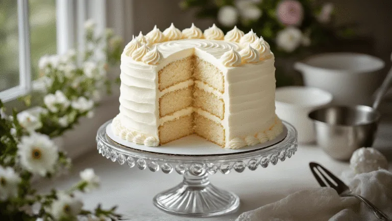 WHITE BIRTHDAY CAKE: THE ULTIMATE CLASSIC CELEBRATION RECIPE Photorealistic two-layer white birthday cake on a crystal stand, featuring silky vanilla buttercream frosting, decorative piping, and a clean slice revealing its pristine white interior. Soft shadows from natural light enhance its texture, with blurred flowers and vintage baking tools in the background.