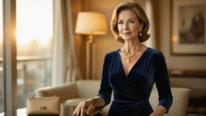 Fall Wedding Guest Dresses for Women Over 50: Your Ultimate Style Sophisticated mature woman in a navy velvet wrap dress, sitting elegantly in a sunlit luxury hotel suite, with gold accessories and a warm, sophisticated ambiance.