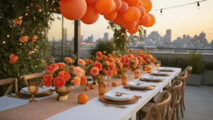 Orange Birthday Party: A Vibrant Celebration of Color and Joy A luxurious rooftop terrace at golden hour with a long farmhouse table set for a celebration, featuring brass compotes of flowers, gold and white dinnerware, and orange balloons against a soft-focus city skyline.