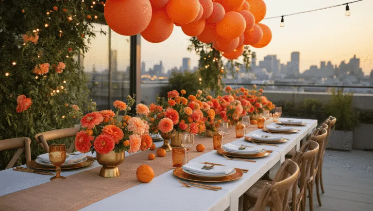 Orange Birthday Party: A Vibrant Celebration of Color and Joy A luxurious rooftop terrace at golden hour with a long farmhouse table set for a celebration, featuring brass compotes of flowers, gold and white dinnerware, and orange balloons against a soft-focus city skyline.