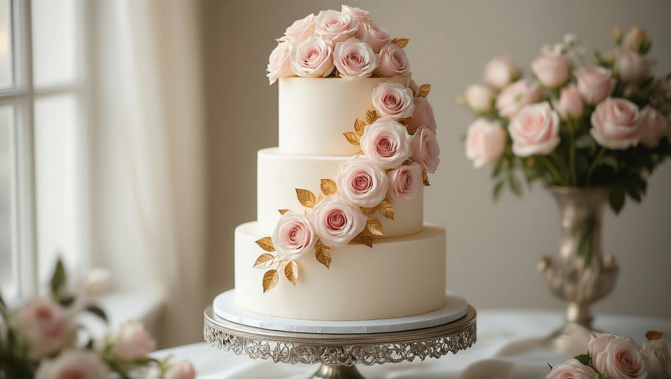 Photorealistic three-tiered wedding anniversary cake with soft matte white buttercream, garnished with pale pink garden roses and gold leaf accents, displayed on a silver pedestal against a blurred neutral background, showcasing natural lighting and detailed textures.