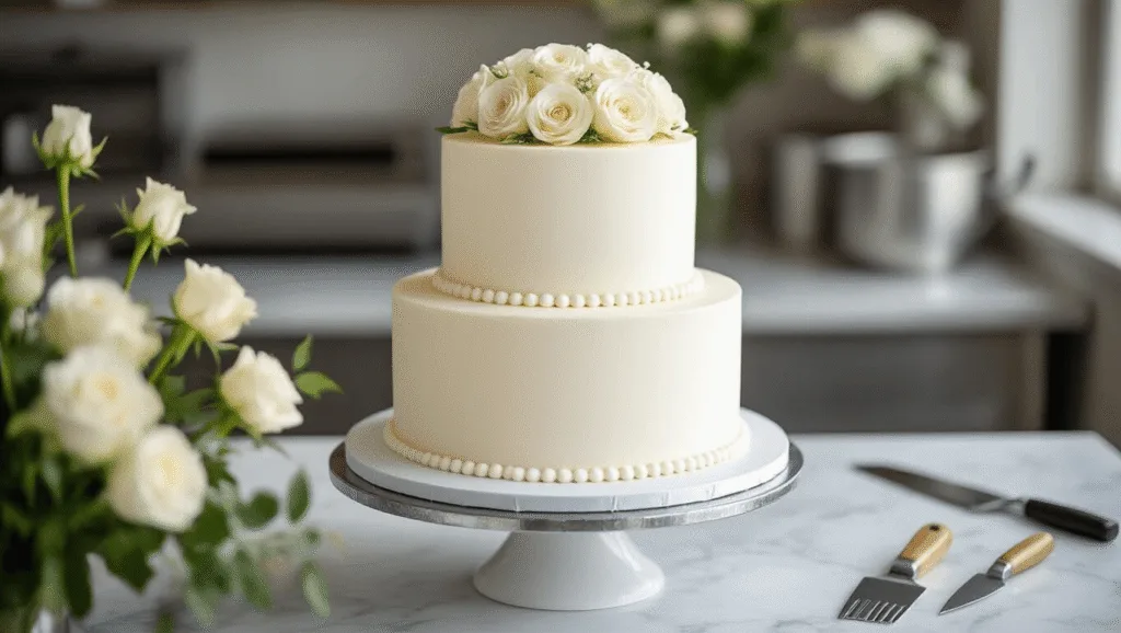 Simple Elegant Wedding Cake: A Minimalist Baker's Guide to the Perfect Celebration Centerpiece Photorealistic assembly of a two-tier wedding cake in a professional bakery, featuring a 6-inch top tier and 9-inch bottom tier adorned with pearl-white swiss meringue buttercream, fresh white garden roses, and subtle gold leaf accents, set on a silver cake stand against a marble countertop, with soft afternoon light casting gentle shadows, showcasing high-end cake decorating tools and intricate texturing techniques.