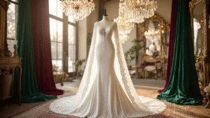 Winter Wedding Dress: What to Wear & How to Style It An elegant bridal boutique showcasing a floor-length white velvet wedding gown with intricate beading and a cathedral-length cape, illuminated by warm afternoon light through large windows, surrounded by jewel-toned fabrics and vintage decor.