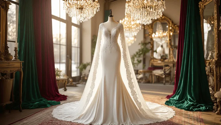 Winter Wedding Dress: What to Wear & How to Style It An elegant bridal boutique showcasing a floor-length white velvet wedding gown with intricate beading and a cathedral-length cape, illuminated by warm afternoon light through large windows, surrounded by jewel-toned fabrics and vintage decor.