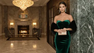 What to Wear to a Winter Black Tie Wedding: Your Complete Style Guide A sophisticated woman in an emerald velvet gown stands in a luxurious hotel lobby, featuring a marble fireplace and a golden chandelier, complemented by crystal earrings, a metallic clutch, and a faux fur wrap under warm lighting.