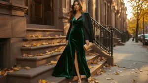 Fall Wedding Guest Dress Guide: What to Wear & How to Style It Model on a brownstone stoop in Brooklyn during golden hour, wearing an emerald green velvet dress with a cowl neckline and side slit, styled with a bronze clutch and gold block heels, and a black blazer draped over her shoulders, surrounded by autumn leaves.