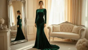Winter Wedding Guest Dresses: Your Ultimate Style Floor-length emerald green velvet gown in a luxurious cream-colored fitting room, featuring long sleeves and a subtle train, with warm light filtering through sheer curtains, a plush cream settee, and delicate accessories reflecting in an ornate silver-framed mirror.
